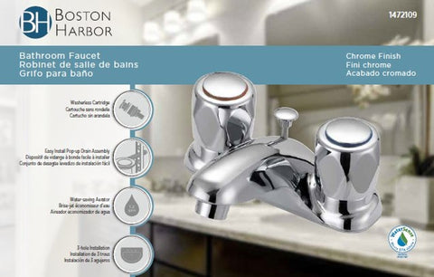 Boston Harbor F5120052CP Lavatory Faucet, 1.2 gpm, 2-Faucet Handle, 3-Faucet Hole, Metal/Plastic, Chrome Plated