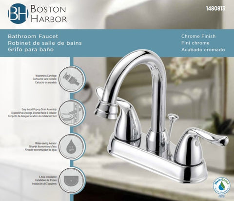 Boston Harbor TQ-5111080CP Lavatory Faucet, 1.2 gpm, 2-Faucet Handle, 3-Faucet Hole, Metal/Plastic, Chrome Plated