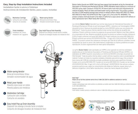 Boston Harbor TQ-5111080CP Lavatory Faucet, 1.2 gpm, 2-Faucet Handle, 3-Faucet Hole, Metal/Plastic, Chrome Plated