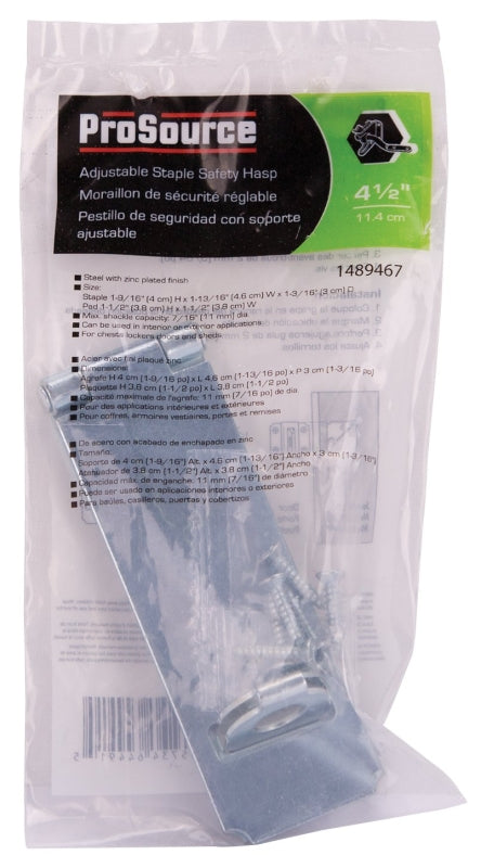 ProSource LR-124-BC3L-PS Safety Hasp, 4-1/2 in L, 4-1/2 in W, Steel, Zinc, 7/16 in Dia Shackle, Loose Staple