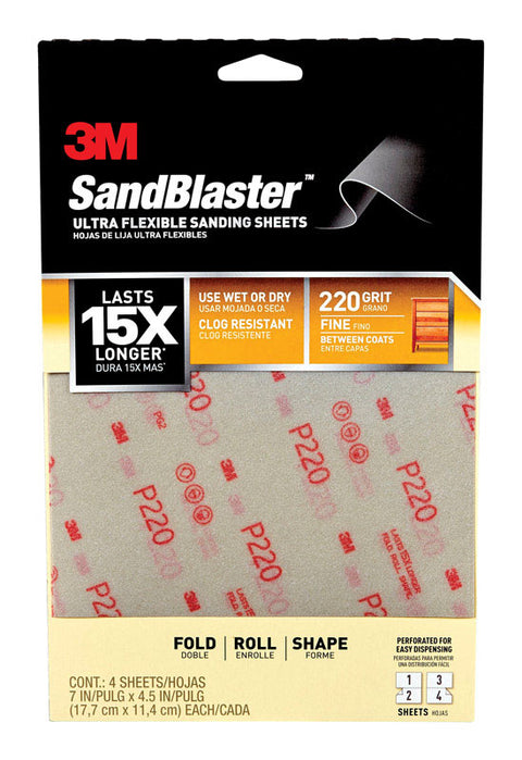 3M Sandblaster Aluminum Oxide Sandpaper 7 in. L 220 Grit Fine 4 pk
