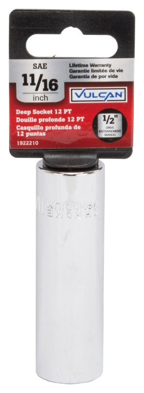 Vulcan MT6527949 Drive Socket, 11/16 in Socket, 1/2 in Drive, 12-Point, Chrome Vanadium Steel, Chrome