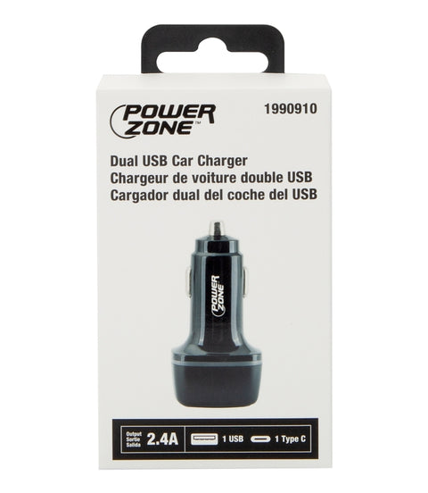 PowerZone U53 Dual USB Car Charger, 12 to 24 V Input, 5 V Output, 2.4 A Charge, Black
