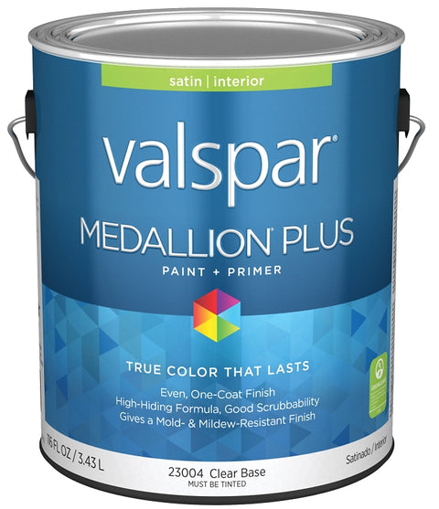 Valspar Medallion Plus 2300 028.0023004.007 Latex Paint, Acrylic Base, Satin Sheen, Clear Base, 1 gal, Plastic Can, Pack of 4
