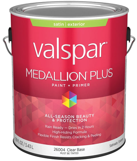 Valspar Medallion Plus 2600 028.0026004.007 Latex Paint, Acrylic Base, Satin Sheen, Clear Base, 1 gal, Plastic Can, Pack of 4