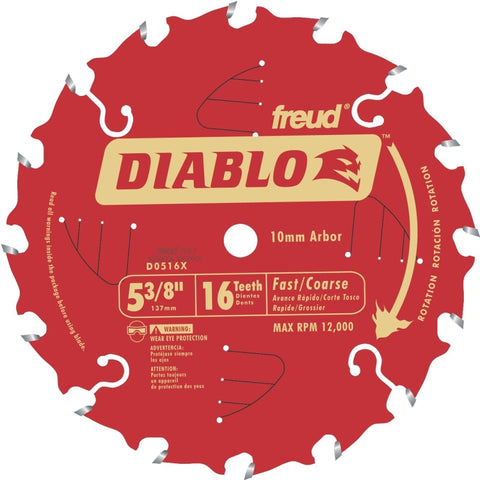 Diablo D0516X Circular Saw Blade, 5-3/8 in Dia, 0.393 in Arbor, 16-Teeth, Carbide Cutting Edge