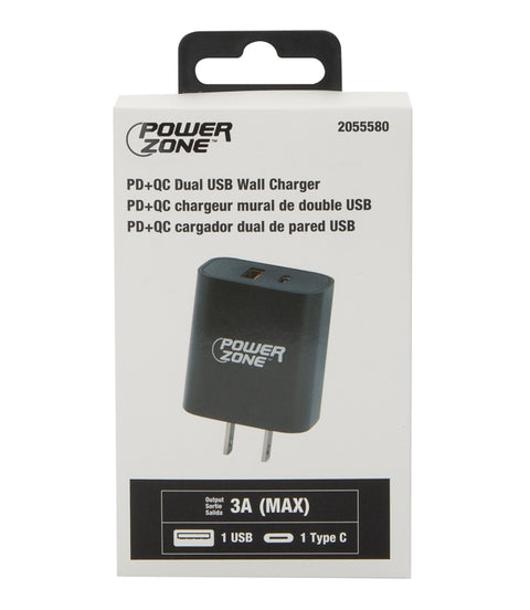 PowerZone CA-43AT PD+QC Dual USB Wall Charger, 100 to 240 V Input, 3 A Charge, Black