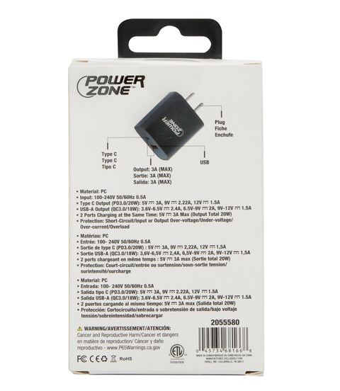 PowerZone CA-43AT PD+QC Dual USB Wall Charger, 100 to 240 V Input, 3 A Charge, Black