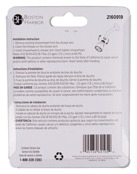 Boston Harbor S1210201WH Shower Head, 1.75 gpm, 1/2-14 NPT Connection, Threaded, ABS, White, 8 in L, 12 in W
