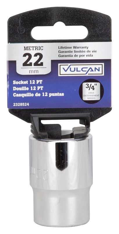 Vulcan MT-SM6022 Drive Socket, 22 mm Socket, 3/4 in Drive, 12-Point, Chrome Vanadium Steel, Chrome