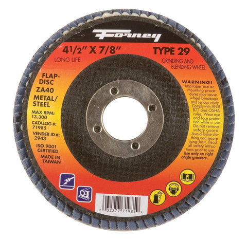 Forney 4-1/2 in. Dia. x 7/8 in. Blue Zirconia Flap Disc 40 Grit