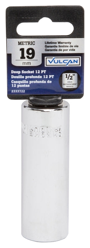 Vulcan MT6528980 Drive Socket, 19 mm Socket, 1/2 in Drive, 12-Point, Chrome Vanadium Steel, Chrome