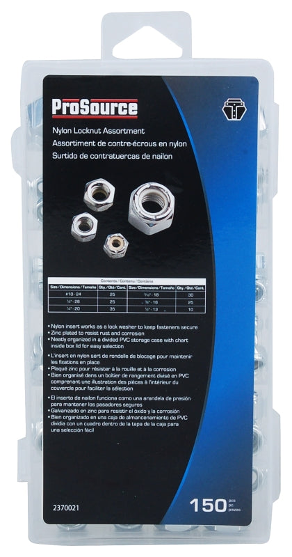 ProSource 61005 Lock Nut Assortment, Nylon/Steel, Zinc, 150-Piece