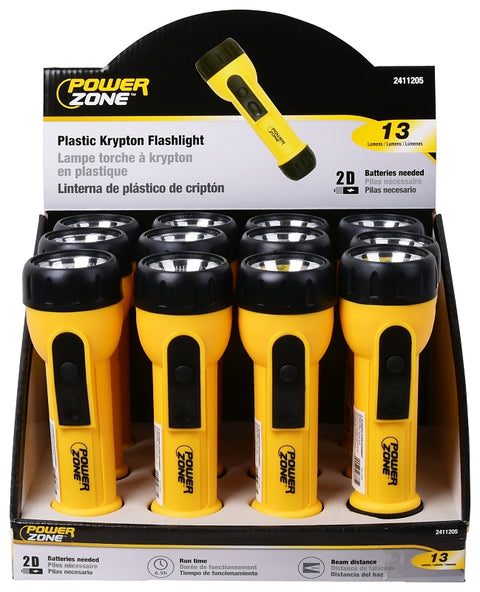 PowerZone JL-L0013L High-Impact Flashlight, D Battery, D Battery, Krypton Lamp, 13 Lumens, 50 m Beam Distance, Yellow, Pack of 12