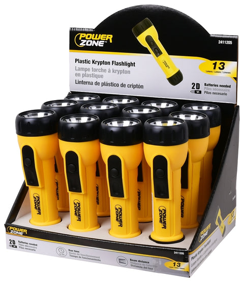 PowerZone JL-L0013L High-Impact Flashlight, D Battery, D Battery, Krypton Lamp, 13 Lumens, 50 m Beam Distance, Yellow, Pack of 12