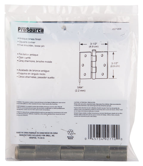 ProSource 20338ABX Square Corner Door Hinge, Steel, Antique Brass, Loose Pin, 180 deg Range of Motion
