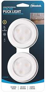 Westek BL-PUTN-W2 Compact Ultra-Thin Puck Light, AAA Battery, 1-Lamp, LED Lamp, 50 Lumens, White, 2/CD