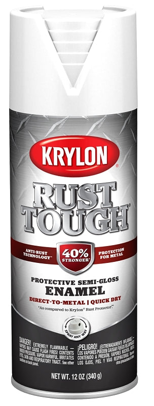 Krylon Rust Tough K09266008 Enamel Spray Paint, Semi-Gloss, White, 12 oz, Can, Pack of 6