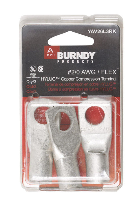 Burndy Industrial Ring Terminal Uninsulated 2/0 AWG 1/2 in. Silver 3 pk