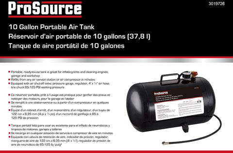 ProSource AT10 Air Tank, 10 gal Tank, 5/16 in Inlet, 1/4 in Outlet, 85 to 125 psi Pressure, Steel, 2 mm