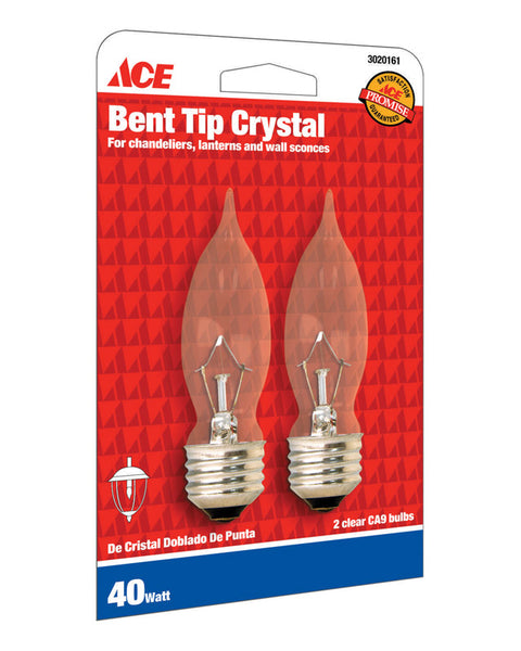 Ace Incandescent Light Bulb 40 watts 330 lumens Bent Tip CA9 Medium Base (E26) 2 pk