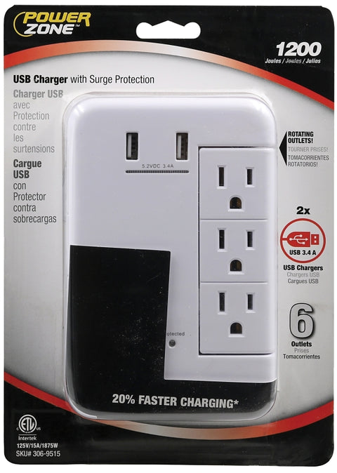 PowerZone ORRUSB346S USB Charger with Surge Protection, 2-Pole, 125 V, 15 A, 6-Outlet, 1200 Joules Energy, White