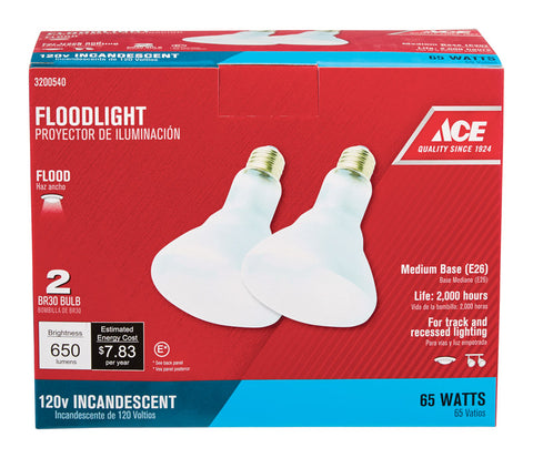 Ace Incandescent Light Bulb 65 watts 650 lumens Floodlight BR30 Medium Base (E26) 2 pk