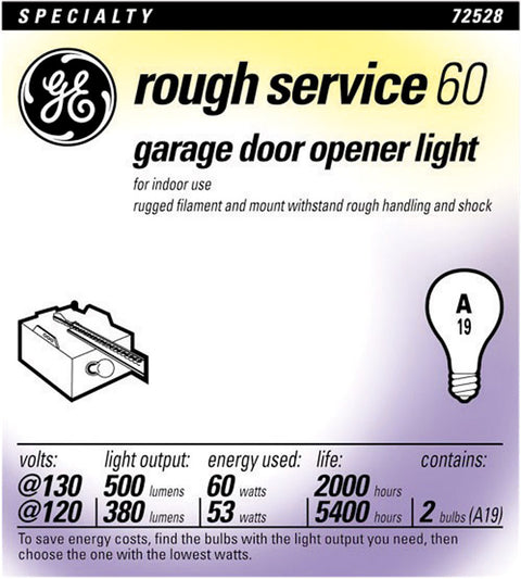 GE rough service Incandescent Light Bulb 53/60 watts 380/500 lumens A-Line A19 Medium Base (E26
