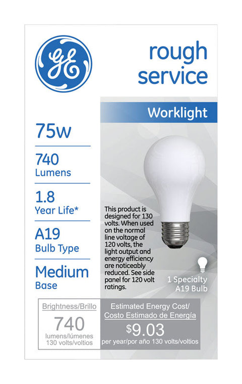 GE rough service Incandescent Light Bulb 75 watts 740 lumens 2800 K Specialty A19 Medium Base (
