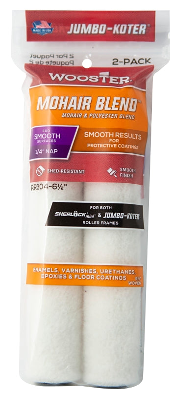 WOOSTER RR304-6 1/2 Paint Roller Cover, 1/4 in Thick Nap, 6-1/2 in L, Mohair Fabric Cover, White