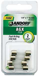 Jandorf 60657 Fast Acting Fuse, 0.04 Ohm, 2 A, 250 V, 100 A, 10 kA Interrupt, Glass Body
