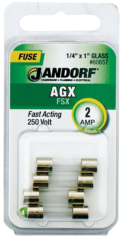 Jandorf 60657 Fast Acting Fuse, 0.04 Ohm, 2 A, 250 V, 100 A, 10 kA Interrupt, Glass Body