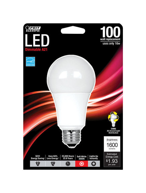 FEIT Electric LED Bulb 16 watts 1600 lumens 3000 K Medium Base (E26) A19 Soft White 100 watts e