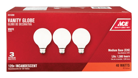 Ace Incandescent Light Bulb 40 watts 340 lumens 2700 K Globe G25 Medium Base (E26) 3 pk