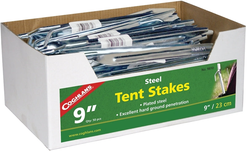 Coghlan's 9810 Tent Stake, 9 in L, 5/8 in W, Steel, Silver, Pack of 50 ...