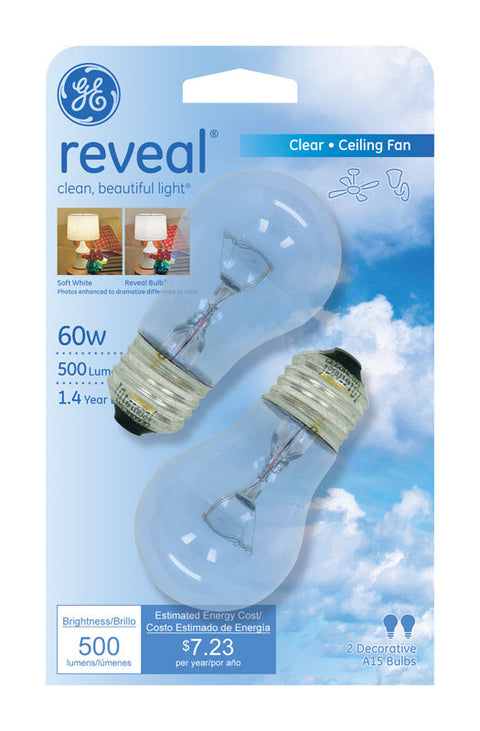 GE reveal Incandescent Light Bulb 60 watts 500 lumens 2750 K A-Line A15 Medium Base (E26) 2 pk