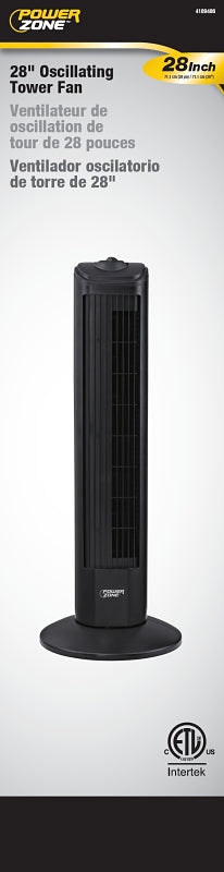 PowerZone TF-28B Oscillating Fan Tower, 120 V, 0.45 A, 90 deg Sweep, 28 in Dia Blade, Plastic Blade, Black