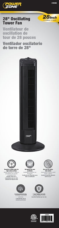 PowerZone TF-28B Oscillating Fan Tower, 120 V, 0.45 A, 90 deg Sweep, 28 in Dia Blade, Plastic Blade, Black