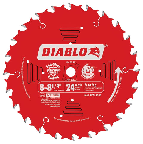 Diablo D0824X Circular Saw Blade, 8 to 8-1/4 in Dia, 5/8 in Arbor, 24-Teeth, Carbide Cutting Edge