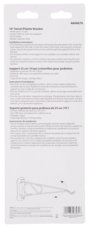 Landscapers Select GB0203L Swivel Plant Bracket, 10-3/8 L, Steel, Black, Wall Mount Mounting