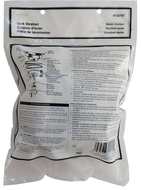 ProSource 122040-3L Basket Strainer Assembly, 4-1/2 in Dia, For: 3-1/2 to 4 in Dia Opening Sink