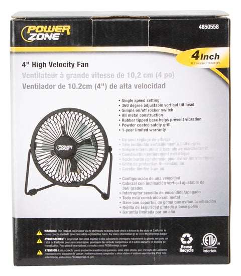 PowerZone CZHV4RSB-BK Mini Fan, 120 VAC, 4 in Dia Blade, 4-Blade, 1-Speed, 360 deg Rotating, Black