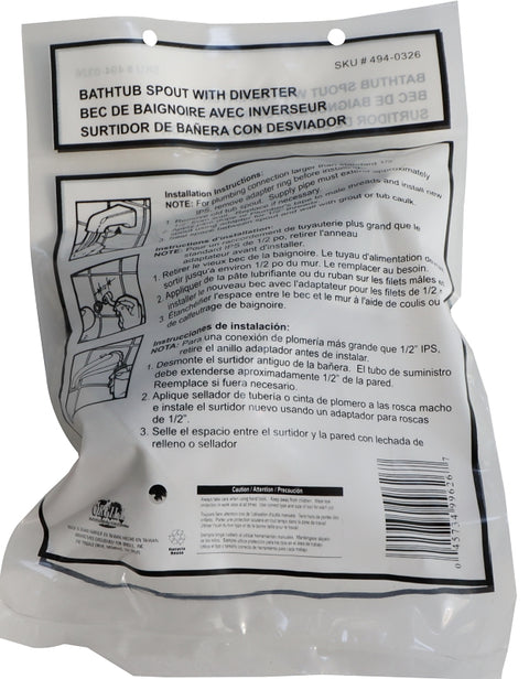 ProSource 24501-3L Bathtub Spout with Diverter, 5-1/4 in L, 3/4 x 1/2 in Connection, IPS, Zinc, Chrome Plated