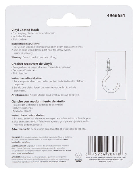 Landscapers Select GB0263L Storage Hook, 1-27/64 L, 2-3/4 in H, Steel, White, Wall Mount Mounting