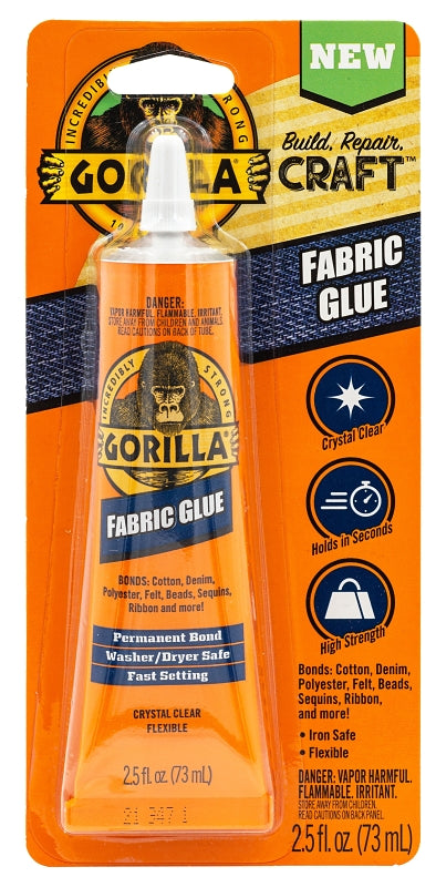 Gorilla 8025501 Fabric Glue, Crystal Clear, 2.5 oz Tube, Pack of 3