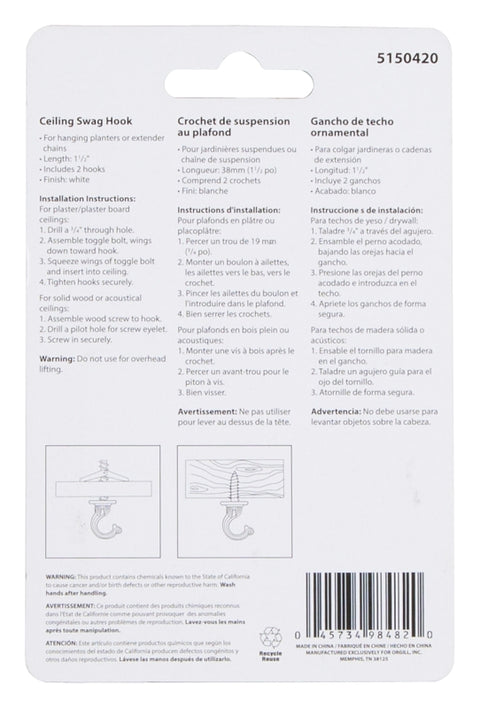 Landscapers Select GB0423L Ceiling Hook, 1-17/32 in H, Zinc, White, Ceiling Mount Mounting