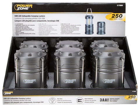 PowerZone LP-6378-COB Collapsible Camping Lantern, LED Lamp, White, ABS, Silvery Black Gun-Metal Finish, Pack of 6