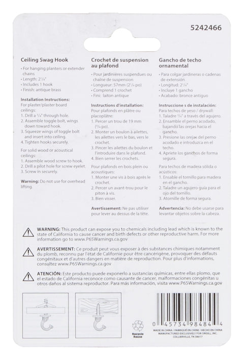 Landscapers Select GB0073L Ceiling Hook, 2.5 in L, Zinc Alloy, Antique Brass, Wall Mount Mounting