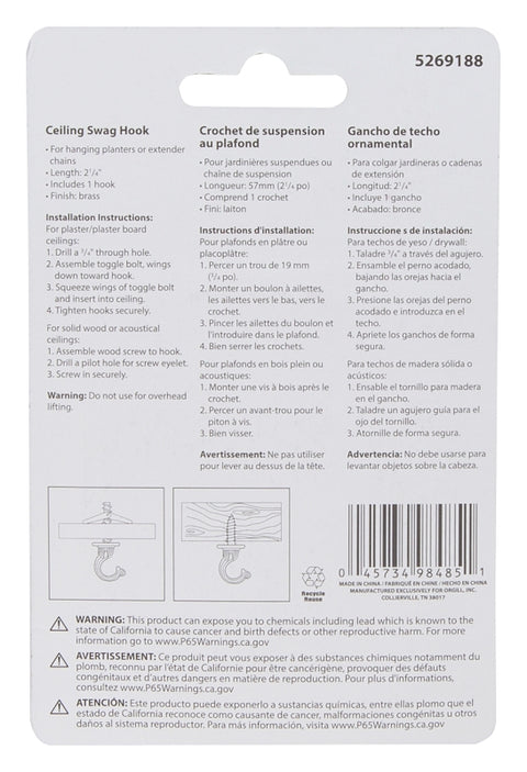 Landscapers Select GB0083L Ceiling Hook, 2-3/16 in H, Zinc, Brass, Ceiling Mount Mounting