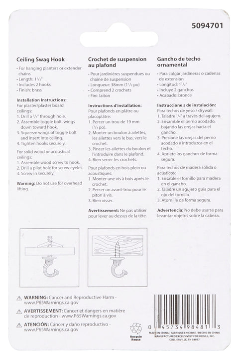 Landscapers Select GB0093L Ceiling Hook, 2-3/16 in H, Zinc, White, Ceiling Mount Mounting